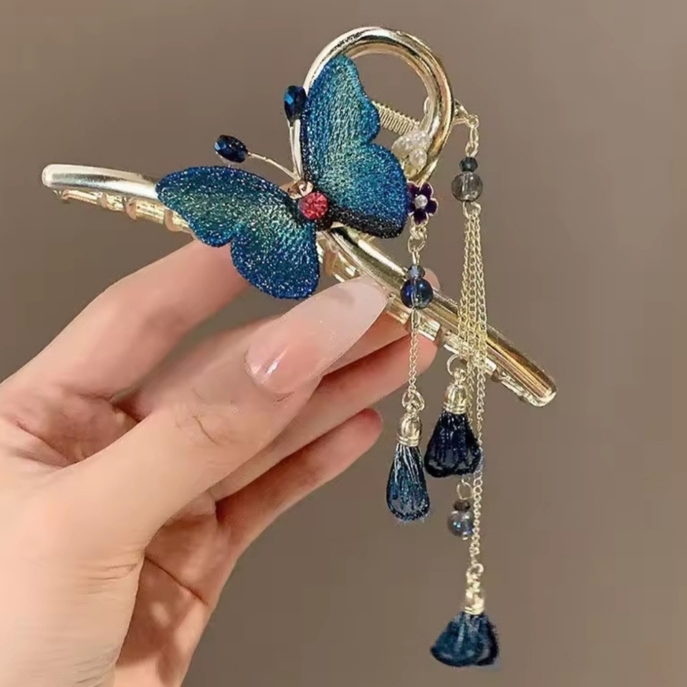 Brand New Gold Tone Blue Butterfly Rhinestone Dangle Hair Claw Clip